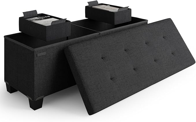 Storage Ottoman Bench with Bins, 43-in Storage Bench for Bedroom End of Bed, Folding Foot Rest Ottoman for Living Room Max 660lbs, Fabric Ottomans, Black by STORAGEBUD
