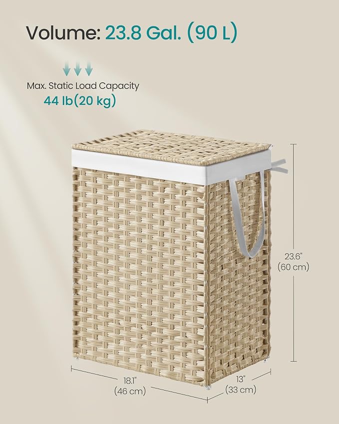 SONGMICS Laundry Hamper with Lid, 23.8 Gallon (90L) Synthetic Rattan Clothes Laundry Basket with Lid and Handles, Foldable, Removable Liner, Summer Sand ULCB051LZ01 - Image 6