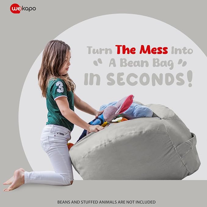 WEKAPO Stuffed Animal Storage Bean Bag Chair Cover for Kids | Stuffable Zipper Beanbag for Organizing Children Plush Toys Large Premium Cotton Canvas (Solid Grey, X-Large) - Image 2