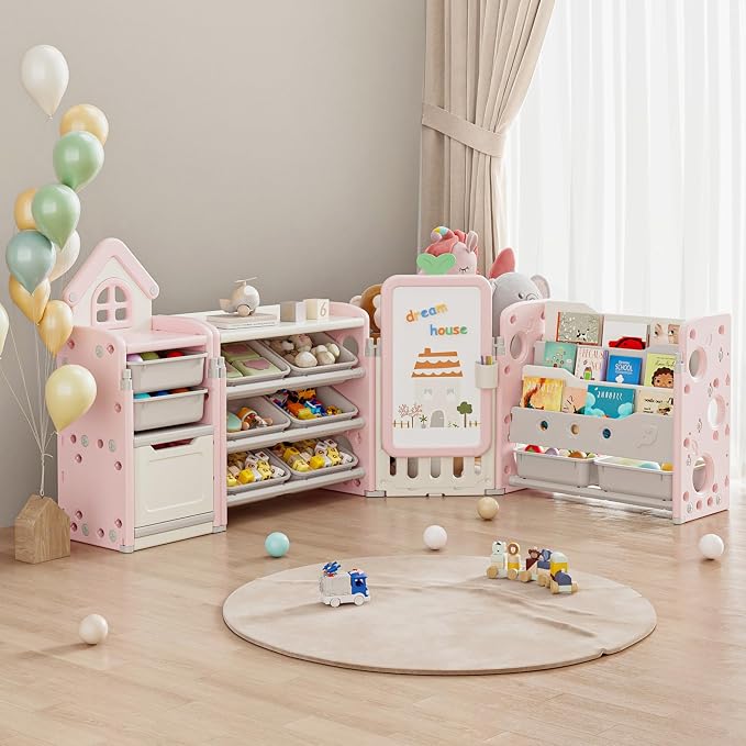 Kids Toy Storage Organizer with 10 Removable Bins, Foldable Toy Organizers and Storage with 3-Tier Bookshelf for Kids Toy Storage Organizer with Drawing Board, Extra 3 Brushes (4 In 1 Light Pink) by PIPLEO