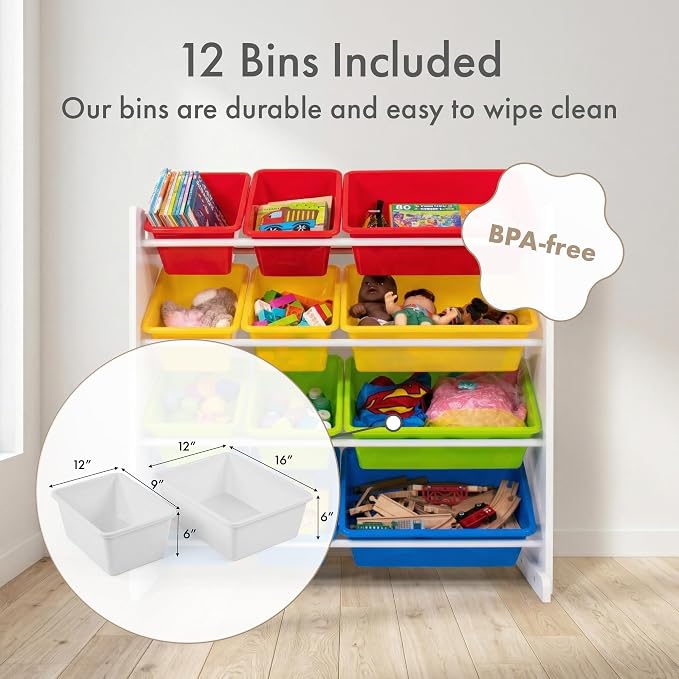 Humble Crew Kids Toy Organizer with 12 Bins, 4 Tier Storage for Playroom | Sturdy wood and steel toddler shelf, removable BPA-free containers, wall anchor anti-tip safety kit for bedroom or classroom - Image 3