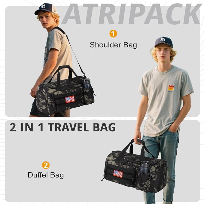 Tactical Gym Bag for Men, 60L Duffle Bag with Shoes Compartment for Travel | Water-Resistant Sports Weekender Bag with Adjustable Shoulder Strap Wet Pocket for Gym,Travel,Hiking,Camping Overnight Trips - Image 5
