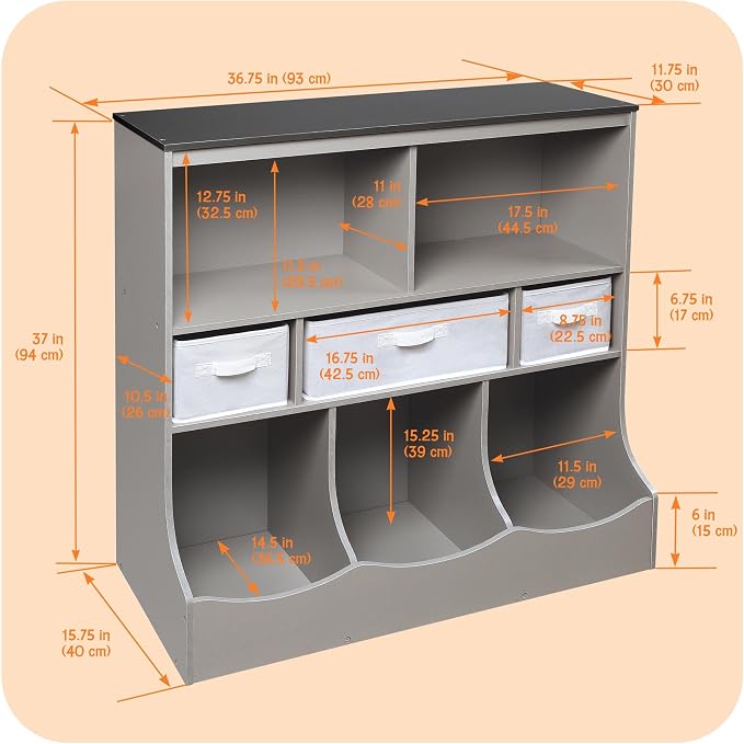 Badger Basket Combo Bin Toy Storage Unit and Book Shelf for Kids with 3 Baskets - Woodgrain/Gray | Kids storage organizer with 3 removable baskets, open shelves & display top for toys, books, clothes & more. - Image 4