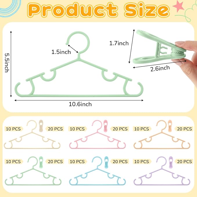 Hsei Baby Hanger with Clip for Pant,180 Packs Total,Macaron Color,10.6 Inch | 60 Kids Plastic Hanger with 120 Clips for Newborn, Nursery, Daycare, Preschool, Closet, Wardrobe Organizer for Baby Shower - Image 2