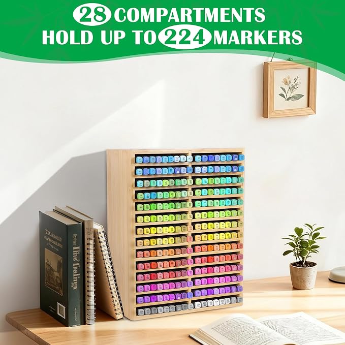 Bamboo Marker Organizer for 224 Markers, Desktop Marker Storage Holder | 28 Compartments, Large Capacity, Space-saving, FSC-certified Bamboo, No Assembly - Image 4