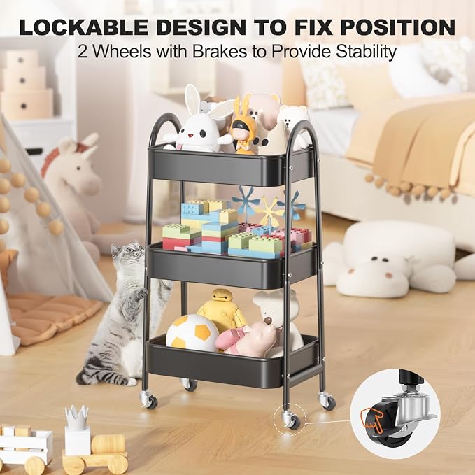 3 Tier Rolling Cart, Large Metal Storage Cart with Handle and Lockable Wheels, Big Multifunctional Storage Organizer Trolley with Mesh Baskets for Kitchen, Living Room, Office, Garage (Black) - Image 5