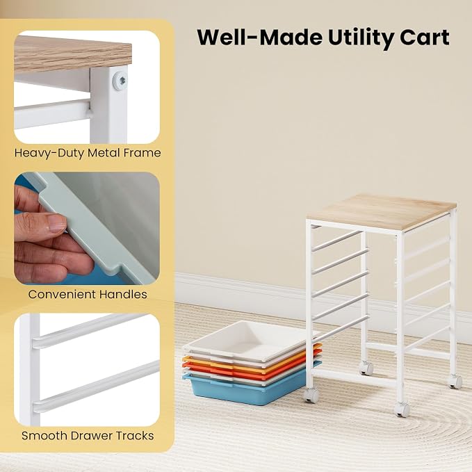 Rolling Storage Cart with 6 Drawers, Plastic Craft Organizer on Wheels with Wooden Top, Mobile Art Supply Utility Cart for Classroom, Home, Office - Image 7