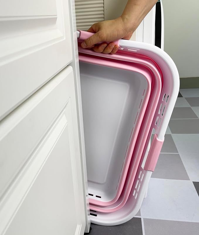 SAMMART Set of 2 Collapsible Plastic Storage Basket - Foldable Pop Up Storage Container - Portable Laundry Organizer - Space Saving Hamper (White/Cherry Pink, 42L (Style A)) - Image 6