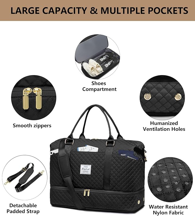 Large Women Travel Duffle Bag - Carry on Overnight Bags Weekend Travel Duffel Tote with Wet Pocket Weekender for Travel Business Trips Sports Hospital Black 3 Pcs Set - Image 5