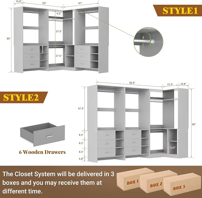 Aheaplus Closet System with 6 Drawers, 4 Hanging Rods & Corner Tower, Corner Closet System with Hanging,92.6" L-Shaped Walk-In Wardrobe Organizer, 2000+ lbs Capacity, Set of 3, Grey - Image 7