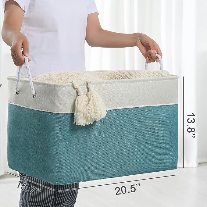 Storage Bin for Shelves - Extra Jumbo 3 Pack 20.5L×15.7W×13.8H Storage Basket for Organizing, Fabrin Storage cubes with Drawstring Cover for Living Room Bedroom Decor Closet（White & Green - Image 5