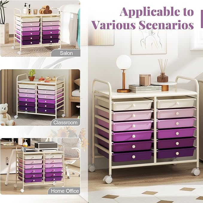 RELAX4LIFE 12-Drawer Rolling Storage Cart - Mobile Utility Cart on Wheels for School Classroom Teacher Office Salon, Paper File Art Supply Craft Organizer, Rolling Cart with Drawers (Gradient Purple) - Image 7