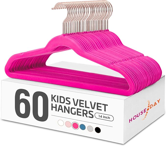 HOUSE DAY Velvet Kids Hangers 60 Pack, Premium Childrens Hangers for Closet | Hot Pink Ultra Thin Cute Non Slip Kid Felt Clothes Hanger 14 Inch, Small Hanger for Toddler Clothes +360° Rose Gold Hook by HOUSEDAY