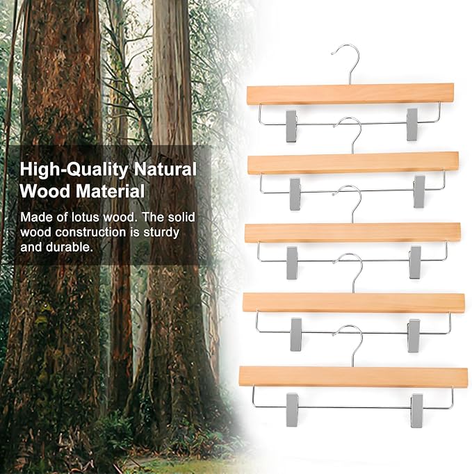 TOPIA HANGER Lotus Wood Pants Hangers, Natural Wooden Skirt Short Jeans Trouser Hanger with Smooth Surface 360° Swivel Hook Anti Rust 2 Adjustable Clips, 10 Pack, CT10PY - Image 4