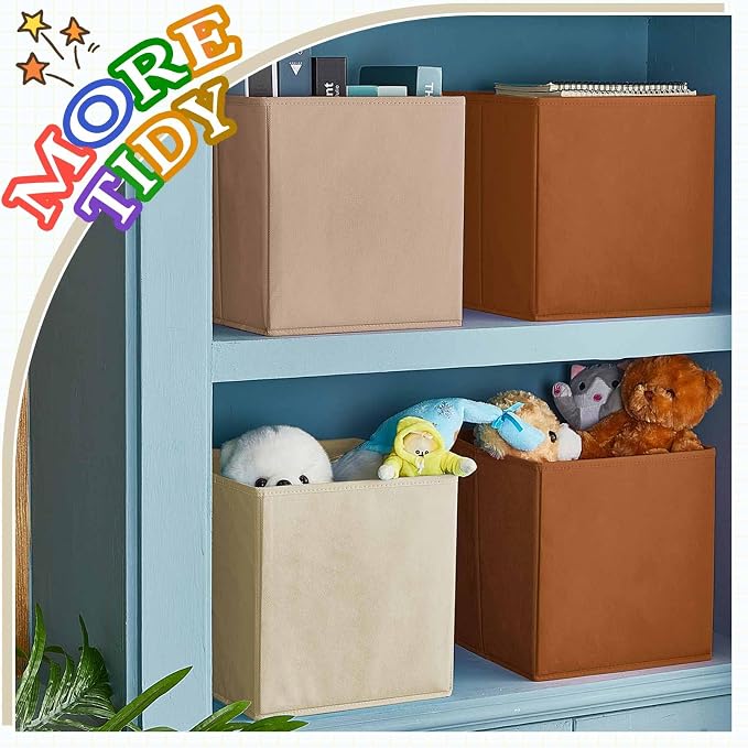 Yinder 4 Pcs Cube Storage Bin Brown 10.5''x10.5''x11'' Storage Bins for Playroom Decor Colorful Bins for Kids Foldable Baskets for Nursery Organizer Boxes Fabric Boxes - Image 6
