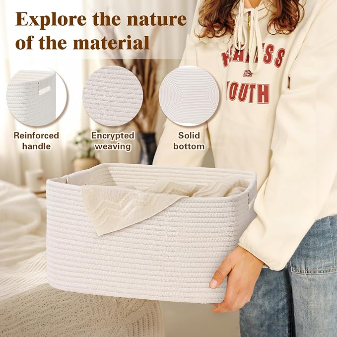2 Pack Large Storage Basket for Organizing, 17.5"x13"x7" Woven Basket for Shelves, Closet Cube Storage Bins with Wrapped Handle, Cotton Rope Baskets for Kitchen, Clothes, Toys(Off White) - Image 7