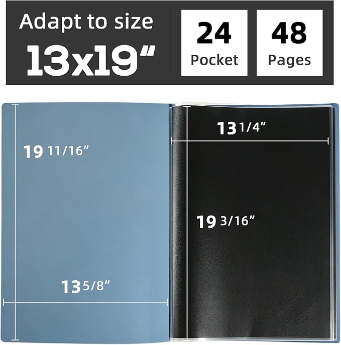 13x19 Blue Art Portfolio Folder Displaying 48 Pages with Plastic Sleeves | 24-Pocket Presentation Book Binder For Artwork Storage Featuring Dark Inner Paper Inserts Protective Document Archival Holder - Image 2