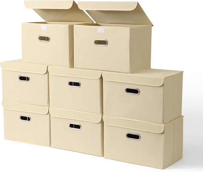 STOREONE Fabric Storage Cube Bins Foldable Organizer Container Collapsible Basket with Lids and Metal Handles, for Home, Bedroom, Closet 8 Pcs (Creamy-White) by STOREONE