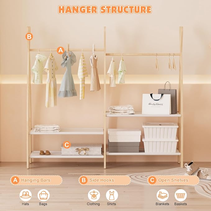 NACHES Small Kid Clothing Rack Wood Montessori Garment Rack for Toddler Baby Wardrobe Closet Compact Dress Up Storage Organizer Hanging Rod with Basket for Costume Princess Skirt Coat Bedroom Nursery - Image 3