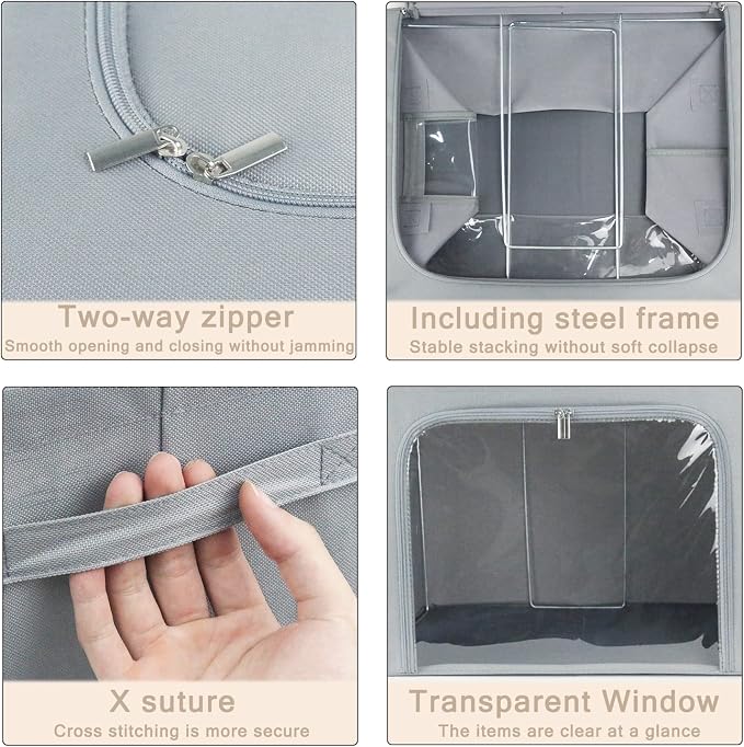 Clothes Storage Box Bins Stackable Foldable Organizer,Sturdy Handles with Metal Frame for Clothing Bedding Shelves,Closet Container with Clear Window Zipper and Label Holder (Gray, 66L x3 Pack) - Image 5