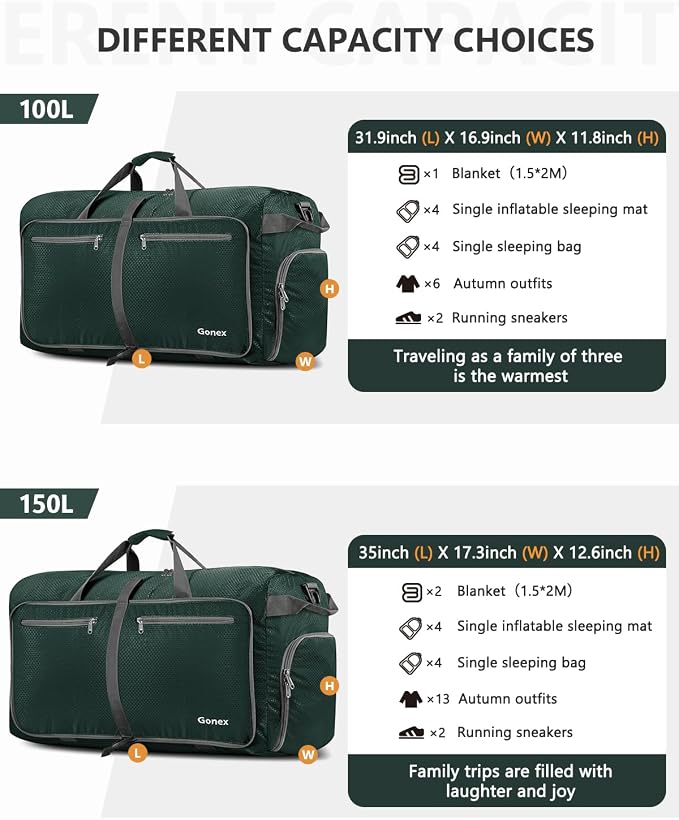 Gonex 80L Foldable Travel Duffle Bag with Shoe Compartment, Lightweight | 210D Nylon, Water-Repellent, Folds Compact, Multiple Pockets, Luggage Sleeve, Weekend Trips & Camping, Dark Green - Image 4