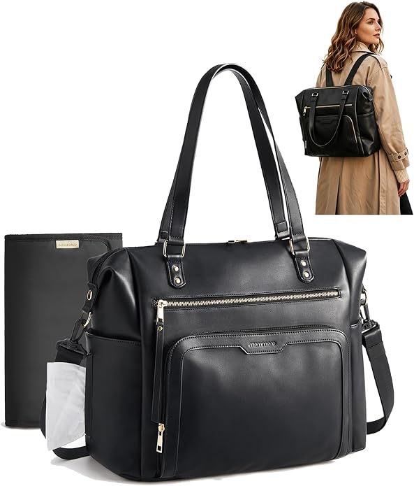mommore PU Leather Convertible Diaper Bag Backpack, Crossbody Bag Tote | Converts into Diaper Backpack, Crossbody Bag, PU Leather Tote, Waterproof Changing Pad by mommore