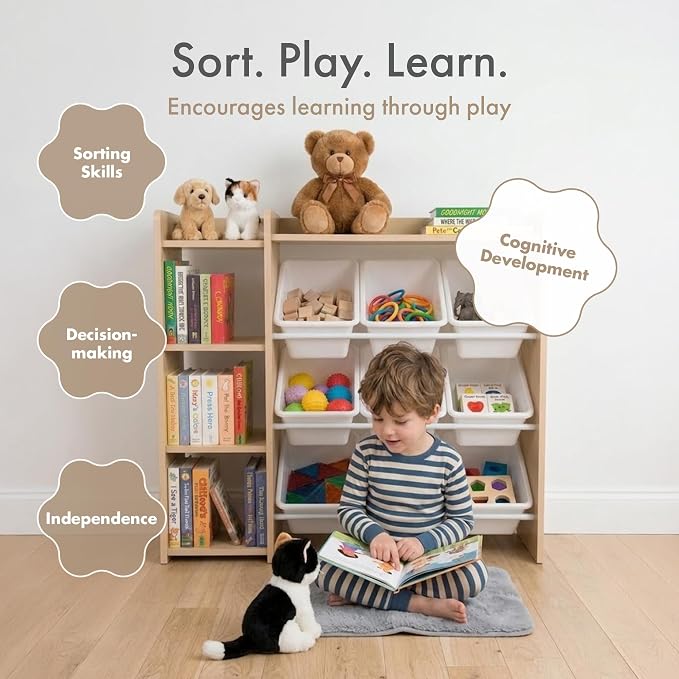 Humble Crew Kids Toy Storage Organizer with Bookshelf, 9 Bins, Solid Wood | Built in side bookshelf, removable bins, solid hardwood, compact 35 in wide, toddler friendly, for playrooms and nurseries - Image 6