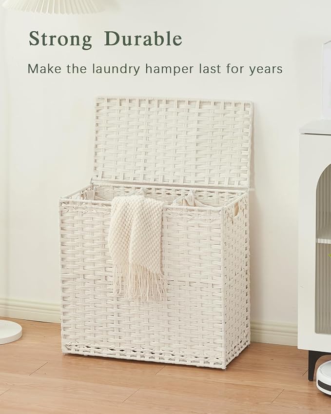 SETVSON Laundry Hamper with Lid Laundry Basket 132 L PE Rattan, White | Large Family Clothes Sorter Trunk with Lid, 3 Compartment Washable Liners, 6 Mesh Bags, Collapsible Steel Frame - Image 7