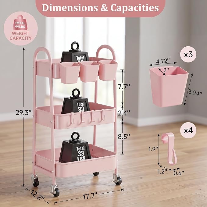 danpinera 3-Tier Rolling Cart, Utility Cart Mobile Metal Rolling Storage Cart with Lockable Wheels & Hanging Cups & Hooks for Kitchen, Bathroom, Office, Workshop, Pink - Image 2
