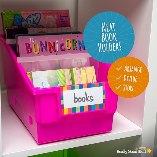 Really Good Stuff Chapter Book Classroom Library Bins with Dividers -4 Pack | 8.75" x 13.5" x 7.75", Neon, Large Plastic Bin Organizers for Book Organization, Documents, Files, Magazines - Image 6