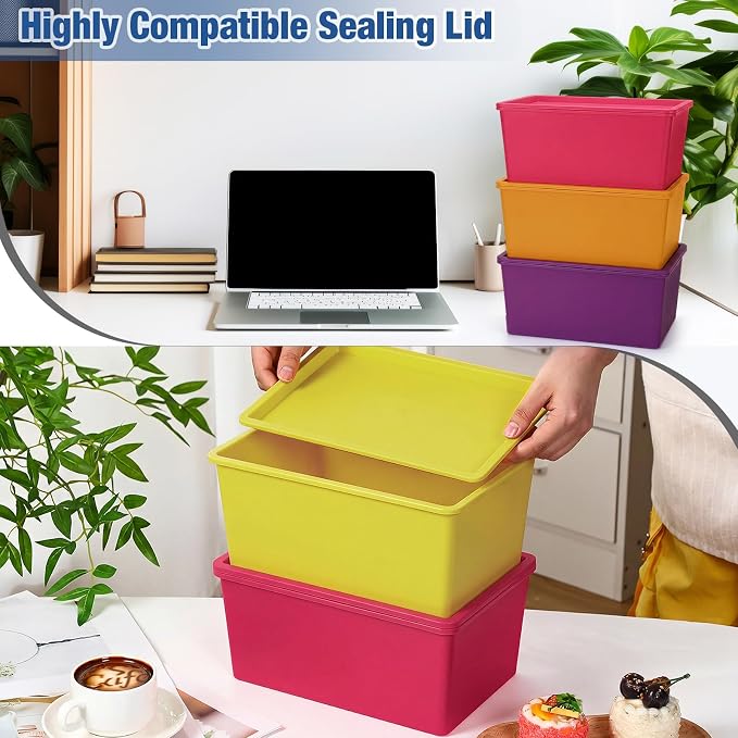 6 Pcs Small Plastic Storage Bins with Lids,Colorful | Beige 6-Piece Storage Set, Stackable Lidded Design, Compact Size for Shelves, Plastic Bins for Everyday Organization - Image 3
