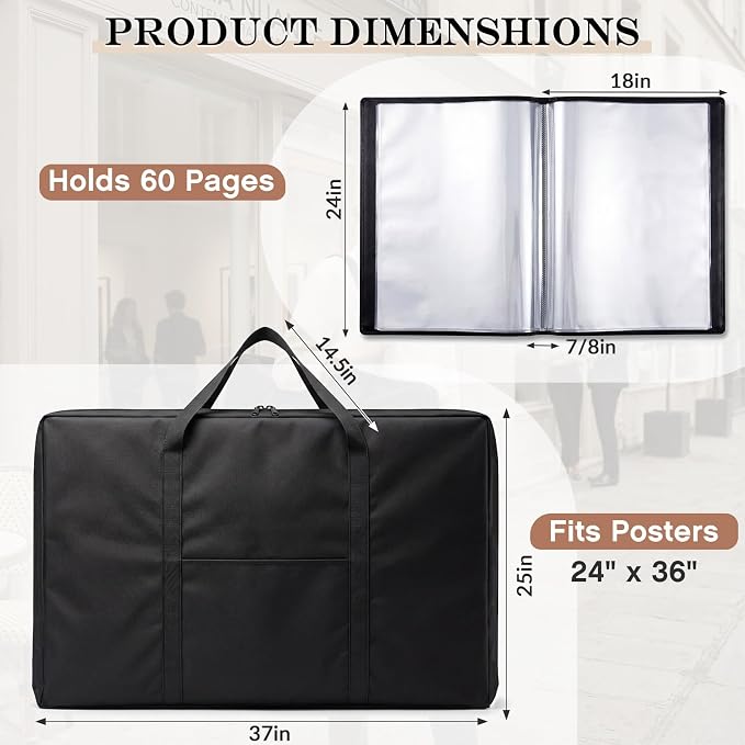 Lewtemi Art Portfolio Case Set, 18" x 24" Binder with 60 Pages Plastic Sleeves and 24" x 36" Waterproof Art Portfolio Tote Bag, Artwork Storage and Presentation for Students and Artists - Image 2