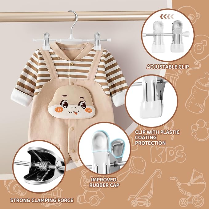 HUADYMEET 10 Inch Kids Pants Skirt Hangers with Clips,Toddler,White,30 Pack | Space Saving,Adjustable,Non Slip,Metal Hanger for Closet Organization Jeans Shorts,For Baby,Toddler,Children - Image 3