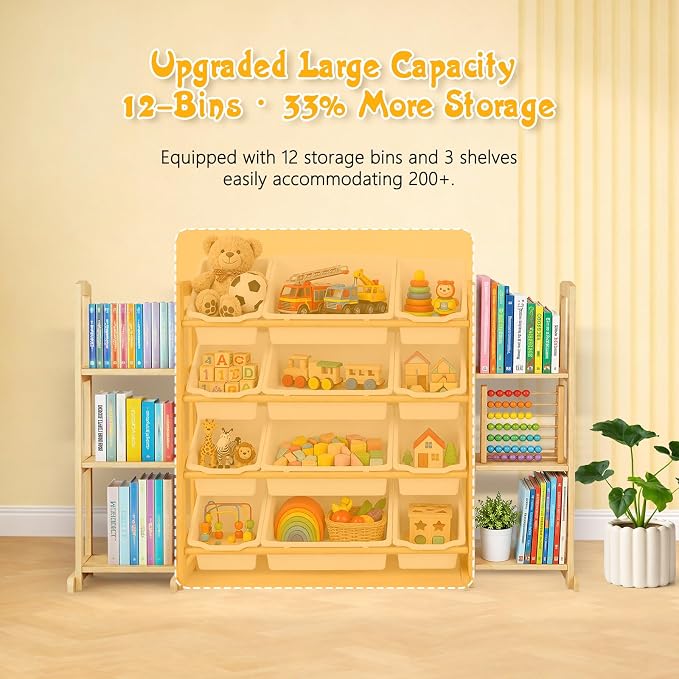 Toy Storage Organizer with Bookshelf – Wooden Toy Organizer with 12 Toy Bins & 6 Tier Bookcase,Quick Assembly Kids Bookshelf,Toy Bin for Playroom, Bedroom, Nursery– White - Image 5