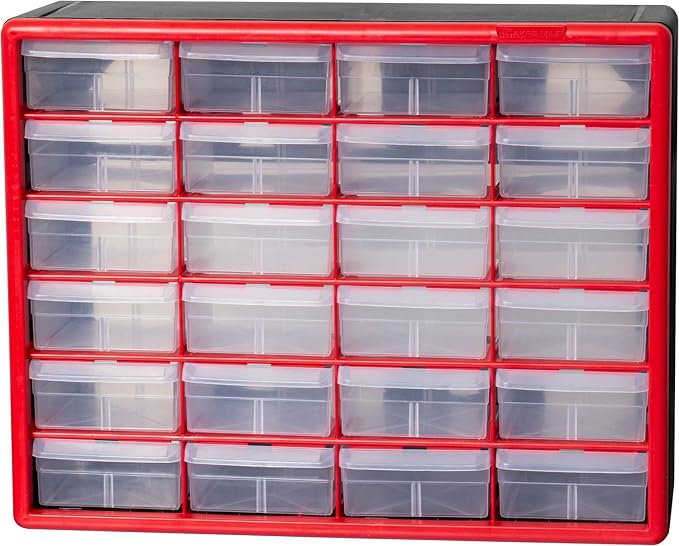 Akro-Mils 24-Drawer Plastic Drawer Storage Cabinet for Garage Organization, Bead Organizer, Building Bricks Storage, Teacher Toolbox, Makeup Organizer, 20-Inch W x 6-Inch D x 16-Inch H, 10124 Red - Image 9