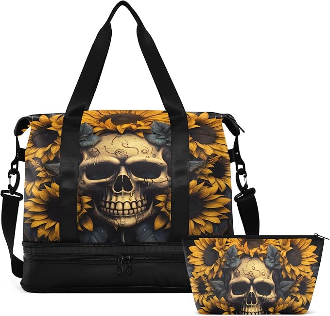 Travel Duffel Tote Bag Skull and Sunflower Sports Duffel Bag with Wet Pocket Weekender Overnight Bag for Women Men Gym Bag, Carry On Bag Hospital Bag for Labor and Delivery by MNSRUU