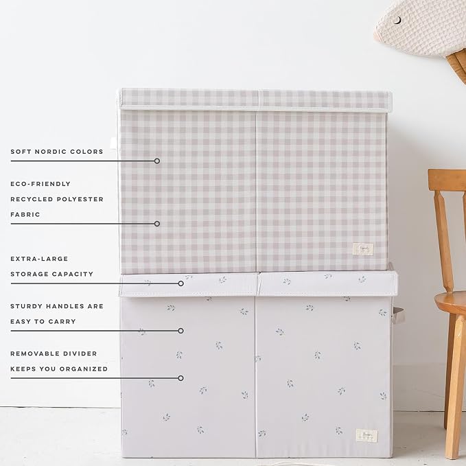 3 Sprouts Recycled Fabric Toy Chest, Extra Large, With Lid, Gingham Beige | Recycled fabric, Extra large storage box, Lid included, Collapsible, Sturdy toy bins, Kids bedroom or playroom, Lightweight - Image 3