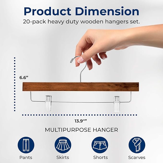 SereneLife 20 Pack Wooden Pants Hangers with 2 Adjustable Clips, 14 Inch Wood Skirt Hangers, Trousers Bottom Hanger with Non-Slip Clips and 360° Swivel Hook, Heavy Duty & Anti Slip (Brown) - Image 7