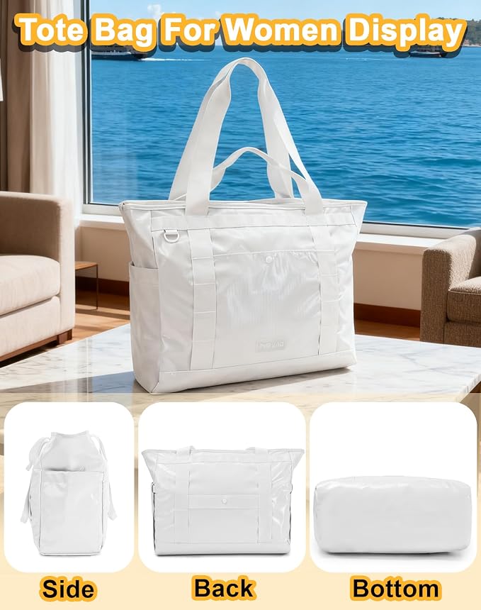 FHELAD Extra Large Glossy Tote Bag for Women, Beach Shoulder Bag 25L | Waterproof Sandproof, 15.6" Laptop Compartment, Luggage Strap, Work, Travel - Image 9