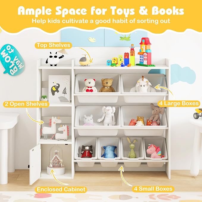 Costzon Kids Toy Storage Organizer w/ 8 Bins, Wooden Toddler Bookcase w/Open Shelves & Cabinet, Multifunctional Toy Storage Cabinet for Kids Room, Nursery & Playroom - Image 3