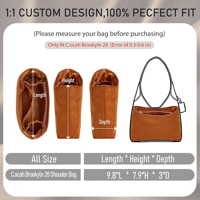 Brooklyn 28 Bag Insert, Purse Organizer Insert for Coach, Nylon Honey | Waterproof Nylon For Coach Brooklyn Shoulder Bag 28, Lightweight, 5 Compartments Zipper Pocket, Elastic Holders - Image 2