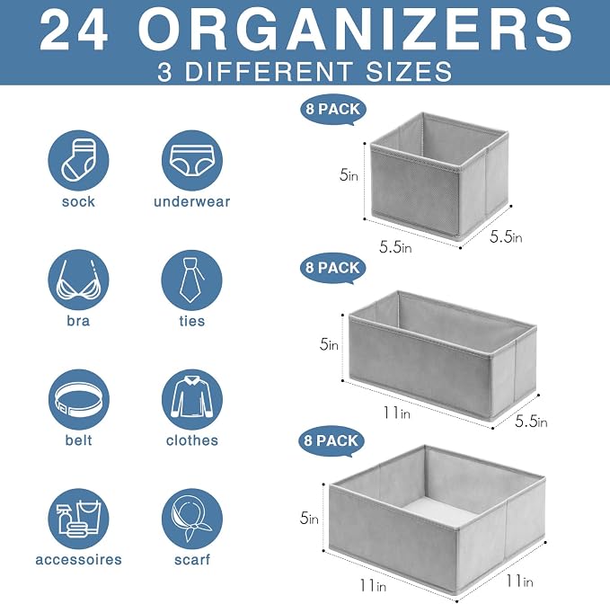 Drawer Organizer Clothes 24 Pack, Fabric Closet Organizers and Storage Bins for Underwear Sock, Odorless Dresser Drawer Dividers for Baby Nursery Organization (Grey) - Image 2