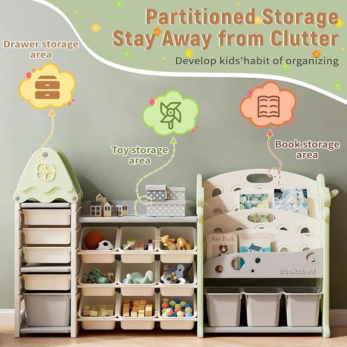 Pipleo Kids Toy Storage Organizer with 17 Removable Bins, 4-Tier Bookshelf for Kids, Multi-Purpose Castle-Shaped Toy Organizer for Playroom, Bedroom, Nursery, Living Room (Green) - Image 4