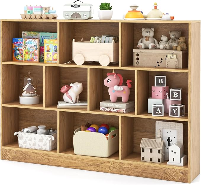 HONEY JOY Kids Toy Storage Organizer, 10-Section Wooden Floor Storage Cabinet, 41” Daycare Toy Chest, 3-Tier Kids Display Bookshelf for Classroom, Playroom & Nursery, Kindergarten (Natural) by HONEYJOY