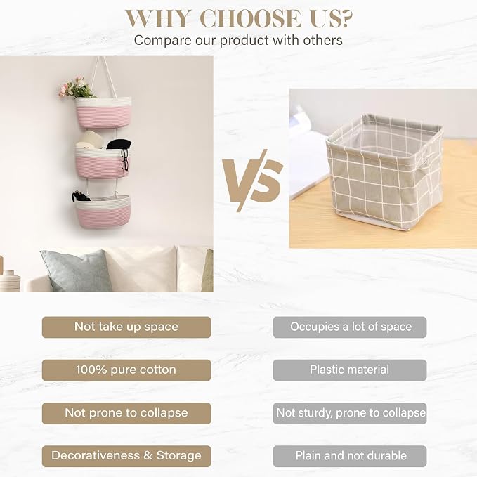 TeoKJ Over the Door Hanging Basket, 3-Tier Woven Cotton Wall-Mounted Storage Organizer Bag Decorative Hanging Nursery Baskets, Pink & White - Image 9