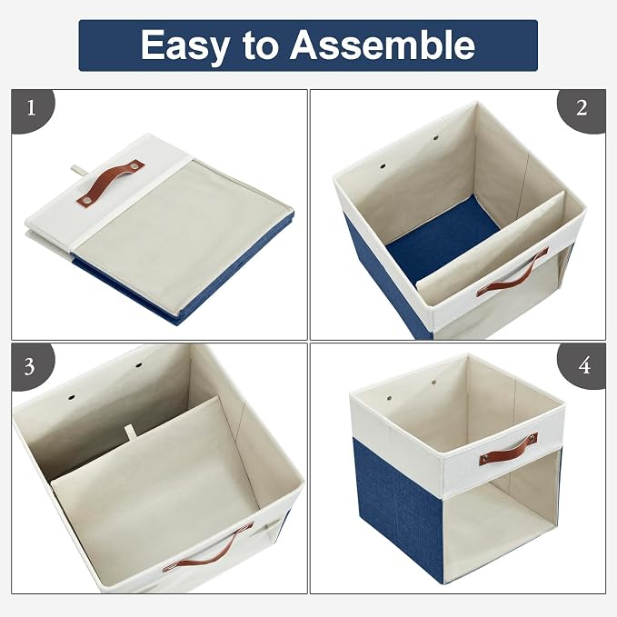 Storage Cubes, 4 Pack Linen Foldable Storage Bins with Clear Window and 2 Handles, 13x15x13 Storage Cube Bins for Shelf Closet, Kallax, Clothes, Books - (Navy Blue / Off-White) - Image 6