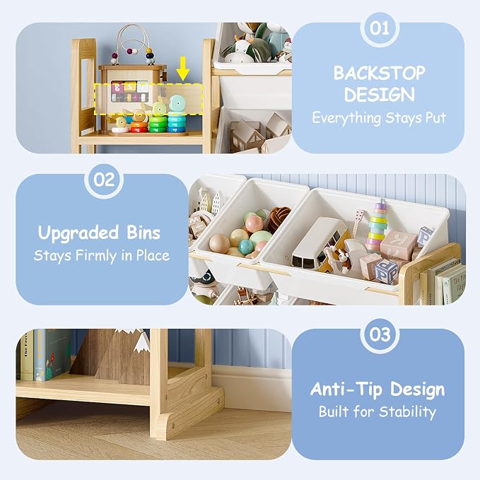 EXPERLAM Extra Large Toy Storage - Toy Storage Organizer, Wooden Toy Organizer with 6 Side Shelves and 16 Bins, 3-in-1 Bookshelf for Kids Rooms, Playroom, Nursery, White - Image 4