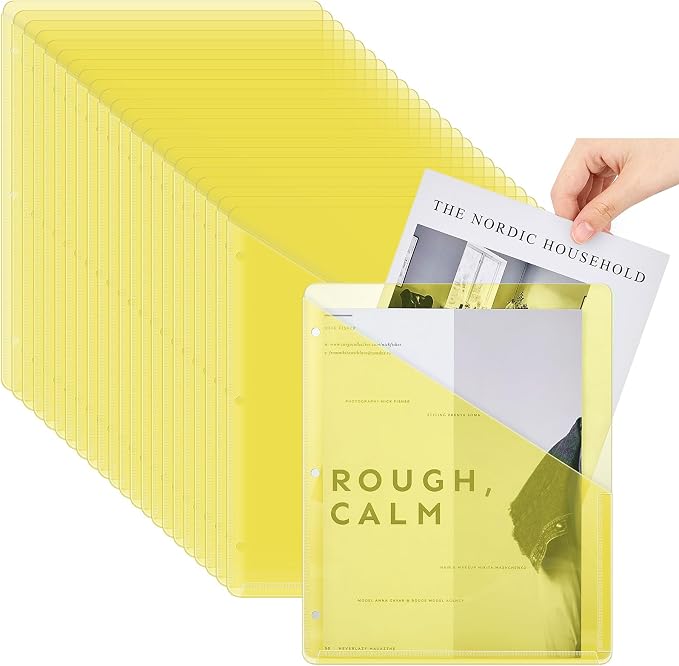 Seajan 48 Pcs Binder Pocket Folders, Clear 3 Ring Binder, Yellow | Plastic Folders Sleeves with 2 Pockets, Poly Slash File Jackets, 3 Hole Punched Dividers for School, Office, Documents by Seajan