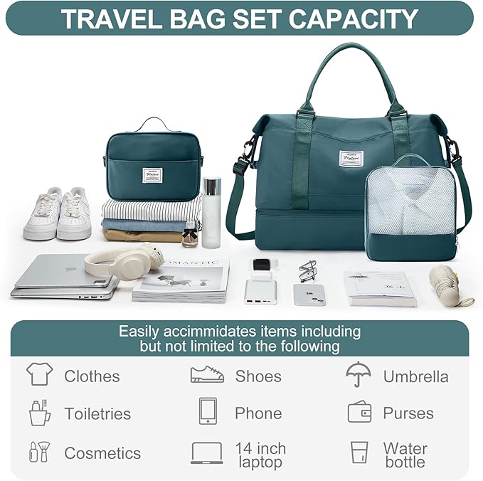 Weekender Bags for Women, Carry-On Overnight Travel Duffel Bag | Travel Bag with Shoes Compartment & Toiletry Bag, Extra Large, 3 Pcs Set - Image 2
