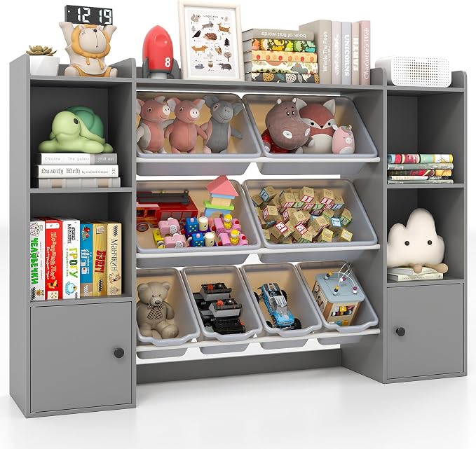 Costzon Kids Toy Storage Organizer w/ 8 Bins, Wooden Toddler Bookcase w/Open Shelves & Cabinet, Multifunctional Toy Storage Cabinet for Kids Room, Nursery & Playroom by Costzon